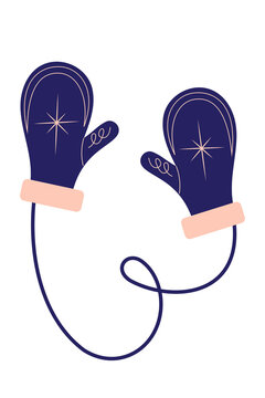 Lovely navy blue mittens in minimalist vector style with stars. Cute cold weather clothing illustration. Perfect for winter fashion advertisements, seasonal, holiday-themed designs. Transparent PNG
