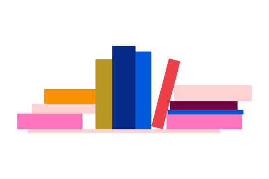 Colorful bookshelf illustration with stacked and leaning books in a modern, minimalistic style. Perfect for article, education, reading, stand library themes. Transparent PNG for easy use in designs. 