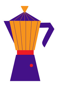 Fun, colorful stove-top moka, espresso pot illustration. Geometric coffee maker vector design. Modern kitchen. Italian coffee pot, coffee lover. Transparent PNG. Ideal for card, article, post