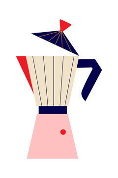 Fun, colorful stove-top moka, espresso pot illustration. Geometric coffee maker vector design. Modern kitchen. Italian coffee pot, coffee lover. Transparent PNG. Ideal for card, article, post