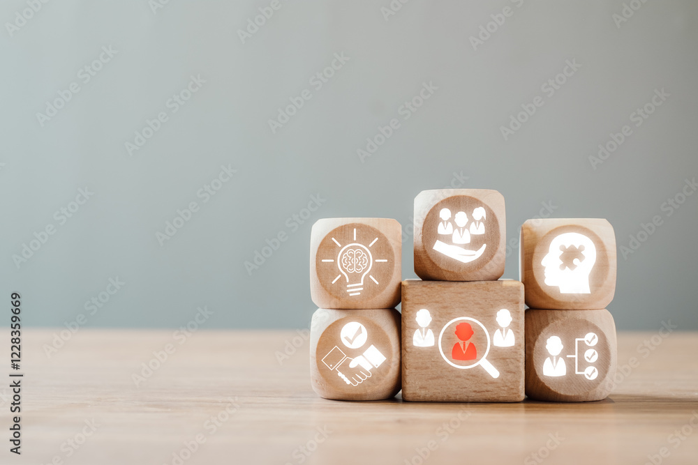 Poster wooden blocks with business icons symbolize the onboarding process, highlighting team integration an