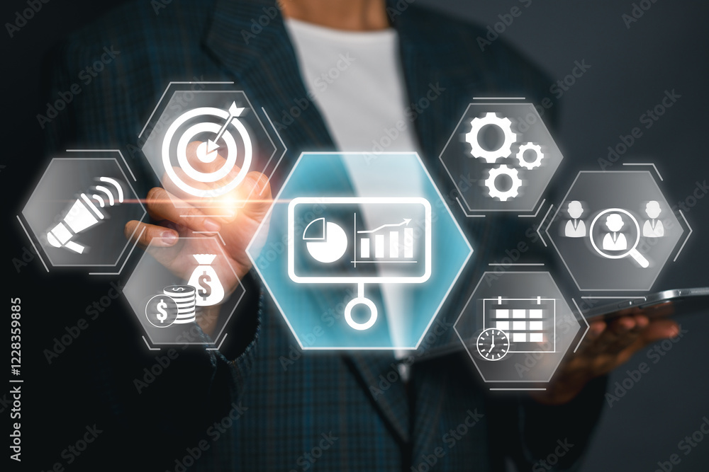 Poster visual representation of a business plan concept with digital icons and graphs, highlighting strateg