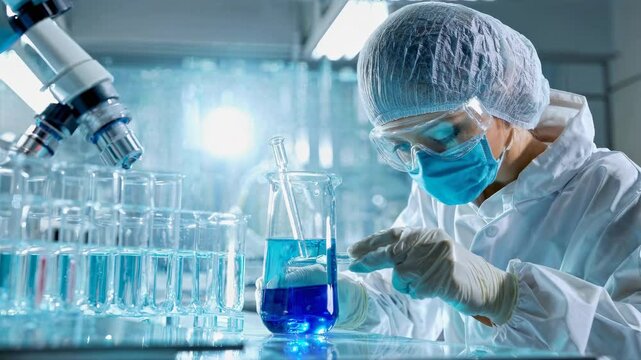 Blue chemical compounds undergo precise testing. Research professional executes intricate measurements in sterile environment while following safety protocols. Static closeup shot.
