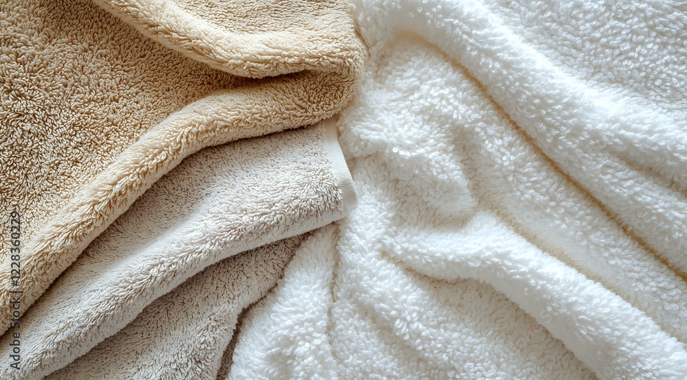 Poster soft beige and white cotton towels with gentle folds creating abstract texture pattern. clean fresh 