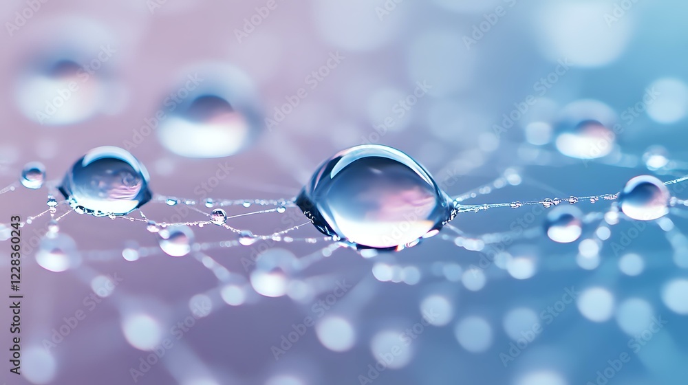 Poster water drops on delicate spider web against soft pink and blue bokeh background create dreamy macro n