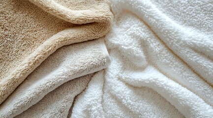 Soft beige and white cotton towels with gentle folds creating abstract texture pattern. Clean fresh spa and bathroom textile background with natural light.