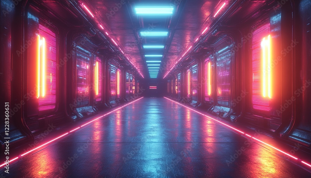 Poster lit tunnel perspective with neon lights, empty, for virtual or tech use