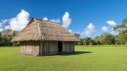 Obraz premium Thatched Roof Hut in a Lush Green Field Under a Blue Sky