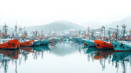 Fototapeta premium Fishing boats moored in misty harbor with mountain backdrop