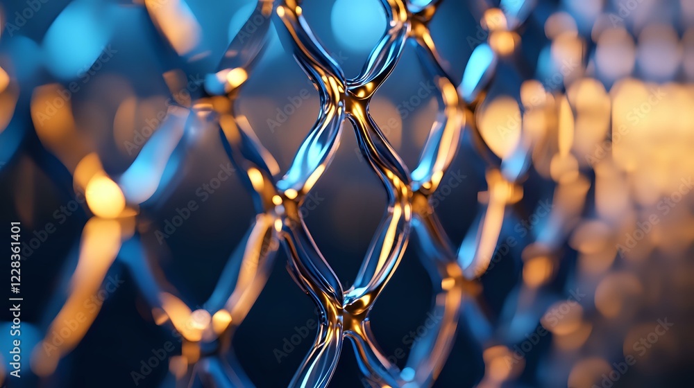 Poster metallic chain link fence with golden sunset light creating dramatic shadows and bokeh effect, close