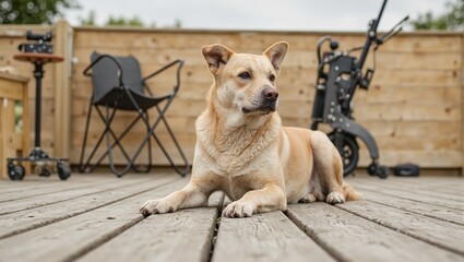 Adorable dog resting peacefully on wooden deck