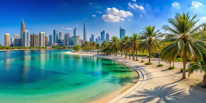 Stunning Panoramic View of Al Mamzar Beach, Dubai - Turquoise Waters & Golden Sands
