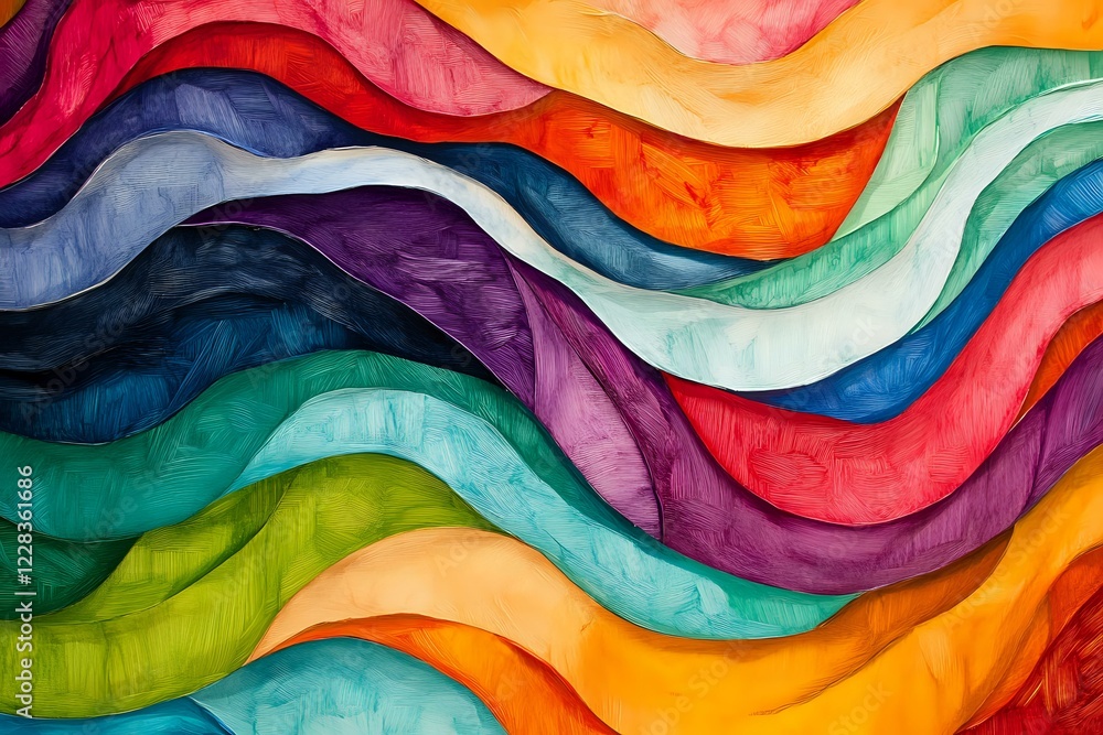 Poster vibrant multicolored wavy fabric layers create abstract pattern with rich textures and flowing curve