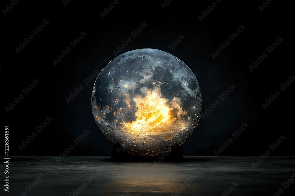 Poster glowing crystal ball with mystical moon surface texture illuminated from within against dark backgro