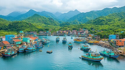 Fishing boats moored in a colorful harbor village with a mountain backdrop