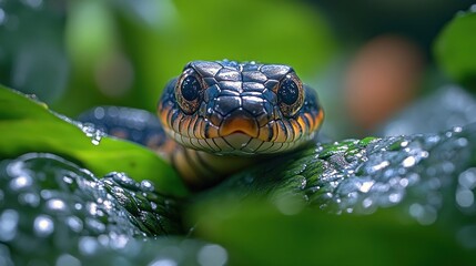 Close-up of a colorful snake's face with wet scales on a green leaf background