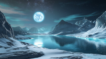 Aurora borealis dancing over snowy landscape, hyperrealistic photo. Solar Fjord. Illustration