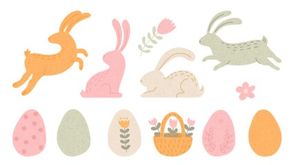 Easter vintage craft grainy texture set with cute bunny and spring holiday eggs decorative elements