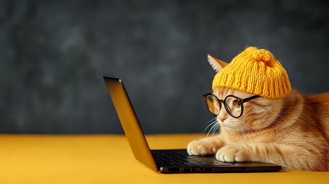 Ginger cat wearing yellow knit beanie and glasses working on laptop computer against dark background. Humorous concept of smart pet or remote work.
