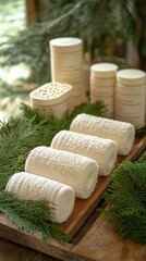 Rolled White Towels on Wooden Tray with Green Branches