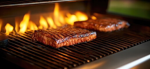 Grilled steaks on a barbecue, flames visible, outdoor setting, summer cookout