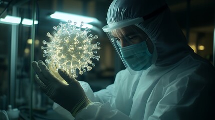 Scientist Examining a 3D Model of a Coronavirus