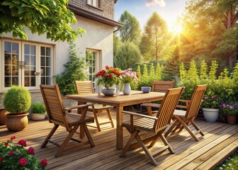 Fototapeta premium Stylish Outdoor Patio Furniture Set: Wooden Table and Chairs for Garden, Backyard, or Deck