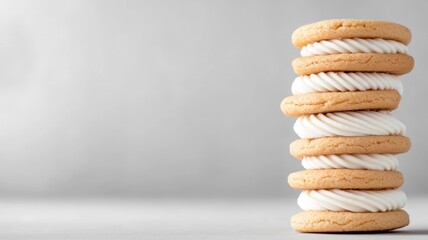 Stack of vanilla cream cookies on neutral background