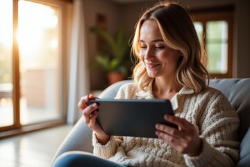 Fototapeta premium Young Woman Enjoying Leisure Time at Home While Watching Content on Her Tablet in a Warm, Inviting Living Room with Natural Light and Cozy Atmosphere