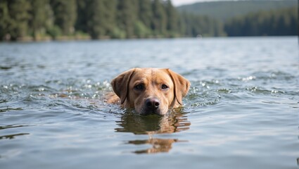 Playful dog enjoying a swim in a serene lake