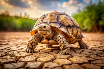 Obraz premium Sulcata Tortoise Foraging: A Large Reptile Searching for Food in its Habitat