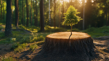 A young glowing vibrant tree sprouts from the center of an old weathered tree stump symbolizing resilience rebirth and the cyclical nature of life environmental conservation and sustainability

