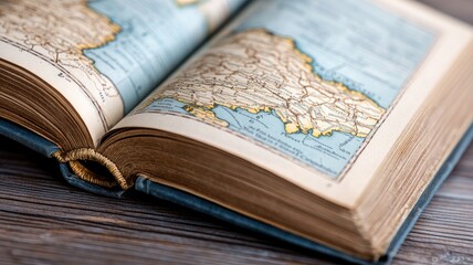 Open book displaying vintage map on wooden surface