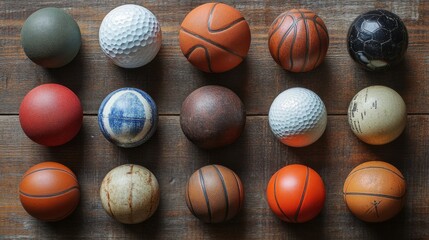 Collection of Vintage and Modern Sport Balls on Wooden Background
