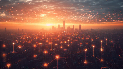 Vibrant sunset over a city skyline illuminated by digital connections and glowing lights