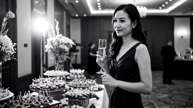 Elegant hot mom in evening dress holding a champagne glass at a lavish buffet in a banquet hall