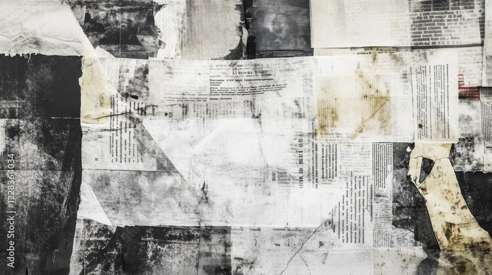 Aufkleber overlapping vintage newspaper clippings create a textured collage depicting history and nostalgia fr