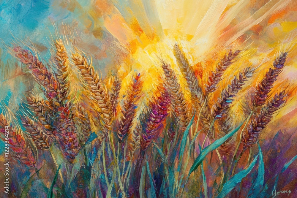 Aufkleber Light rays illuminate fields of wheat during sunset with vibrant colors and soft textures. Generative AI