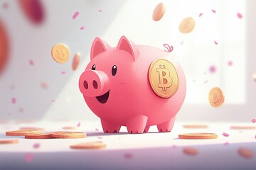 A playful cartoon-style pink piggy bank with Bitcoin coins around it, symbolizing savings and investment.