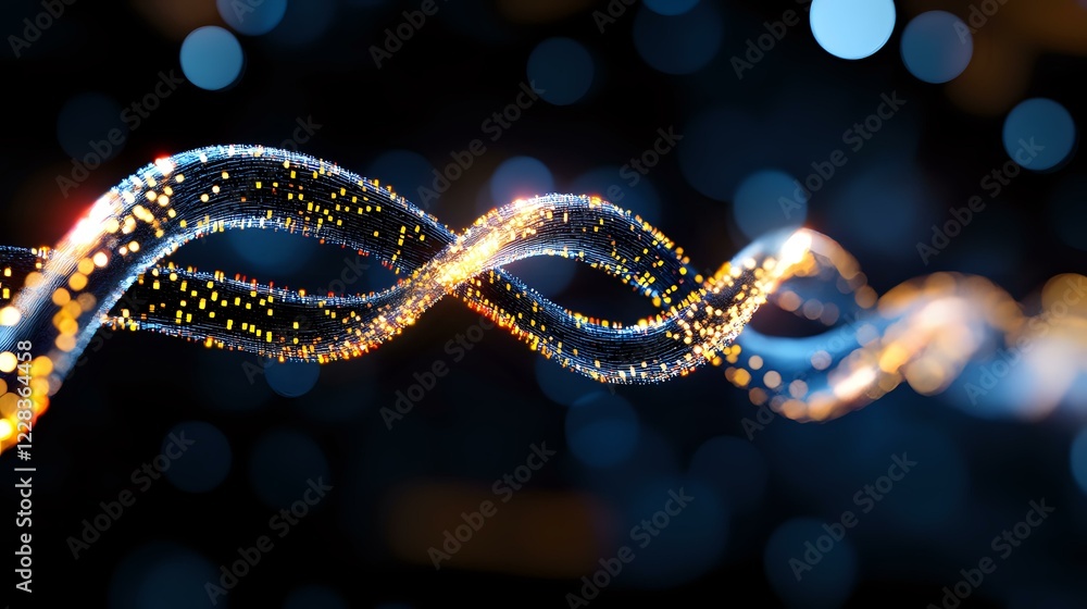 Poster glowing golden light waves with sparkling particles flow against dark background with bokeh effect, 