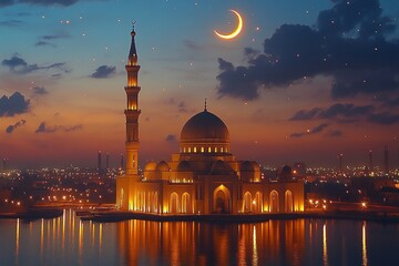 Fototapeta premium Mosque illuminated at night on water, with a crescent moon and city lights visible