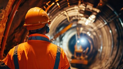 Fototapeta premium A detailed portrait of a tunnel construction engineer monitoring tunnel boring machine progress underground, Tunnel excavation scene, Strategic and underground style