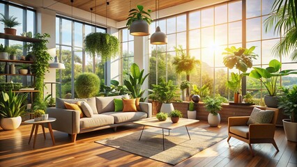 Sunlit Modern Living Room: Large Windows, Lush Indoor Plants, Bright Interior Design Stock Photo