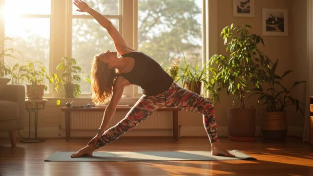 A hot mom practicing yoga in a sunlit living room surrounded by plants, creating a serene atmosphere
