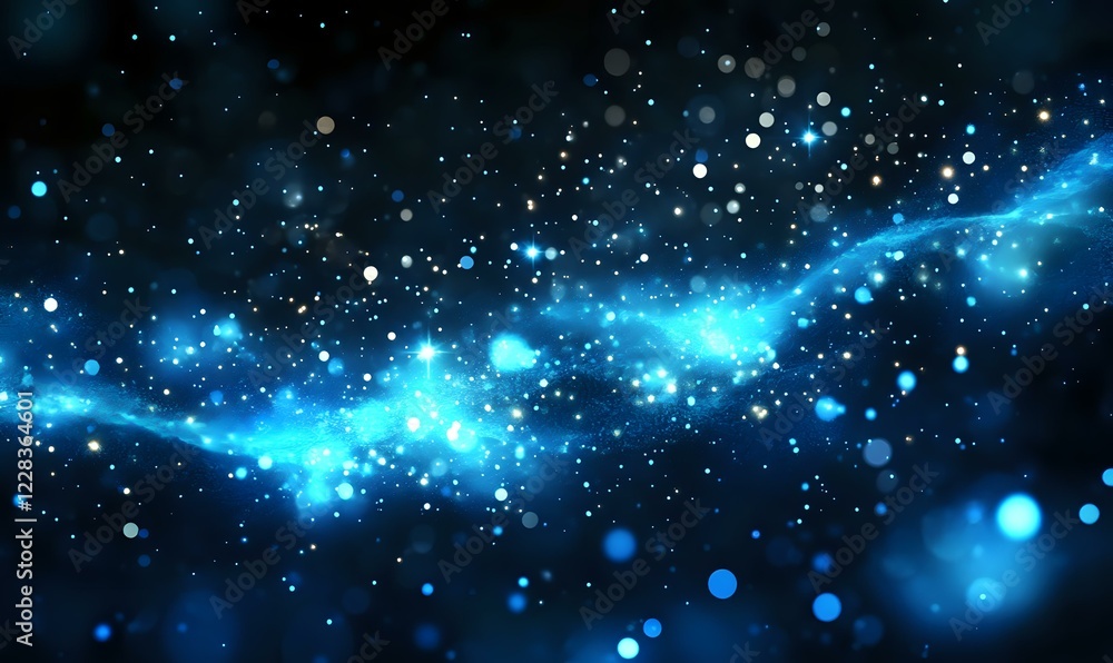 Poster glowing blue cosmic particles and light trail flowing through dark space with luminous bokeh effect 