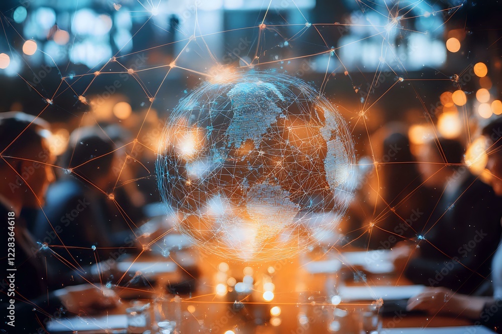 Poster digital globe with network connections floating over laptop keyboard in dark room with orange and bl