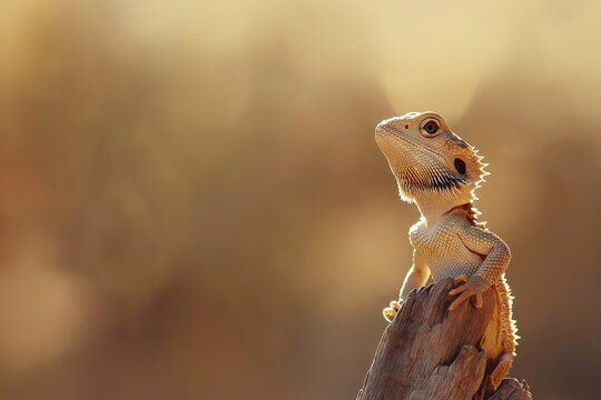 Pogona vitticeps, or central bearded dragon, poses on a branch, basking in soft sunlight against a blurred background, creating a serene and captivating scene