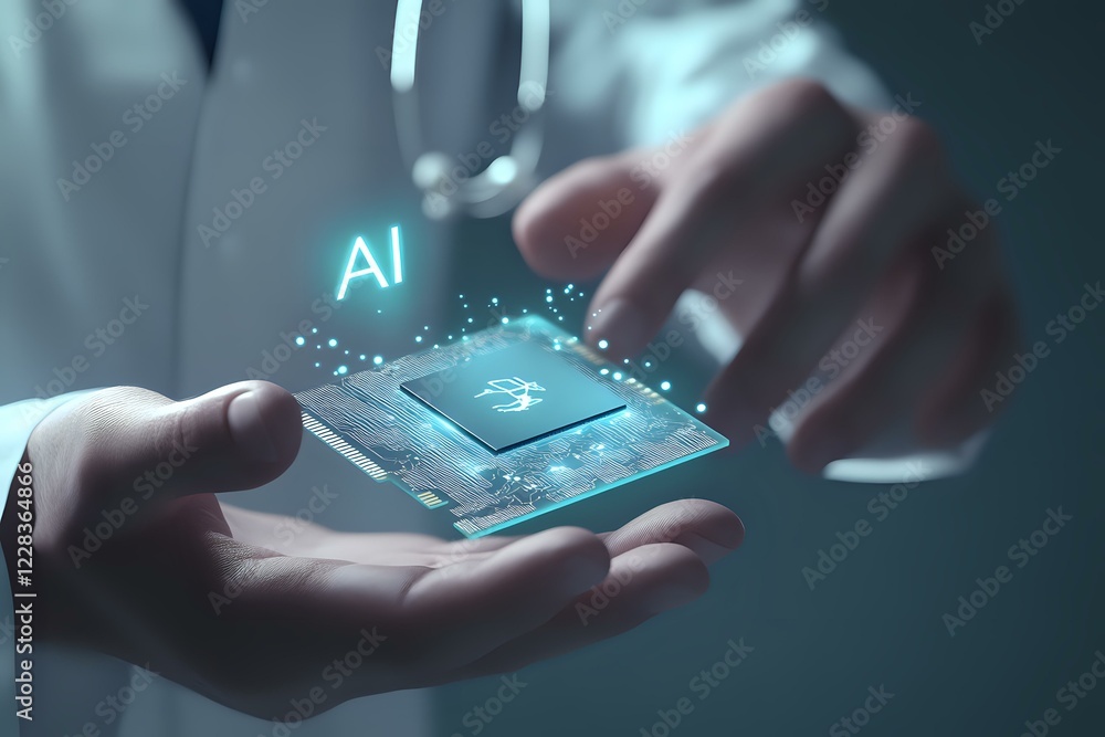 Poster Glowing AI processor chip floating above hands with futuristic blue light effects and digital particles, representing artificial intelligence and machine learning technology.