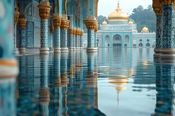Mosque reflected on water, gold dome, blue columns, outdoors, possibly for tourism