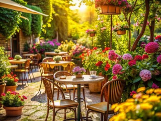Sunny Garden Cafe: Outdoor Seating, Flowers, and Tables
